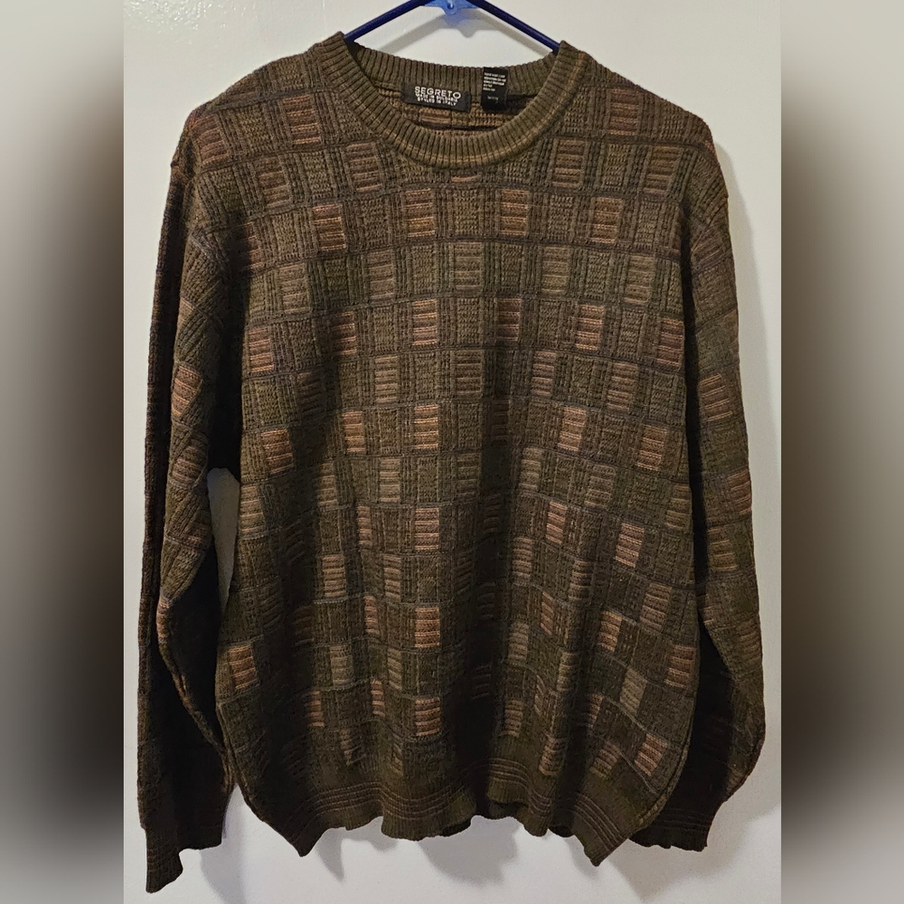 Segreto Merino Wool Brown Crew Neck Sweater Geometric Men's Size M‎